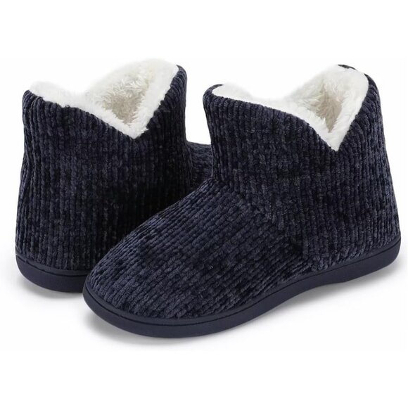 Women's Winter Warm Dark Blue Fluffy Fur Lined Plush Bootie Slippers Shoes - Picture 7 of 7